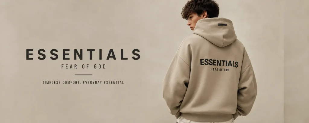 Close-up image of Essentials hoodie logo and premium fabric