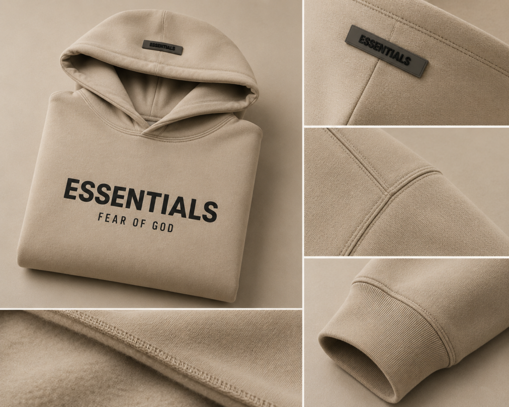 Essentials hoodie folded neatly showing stitching details