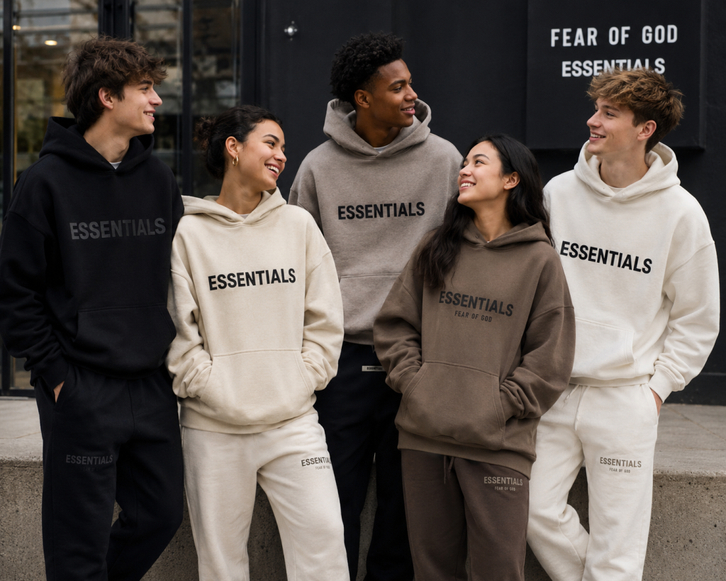 Group of young people wearing different Essentials hoodies