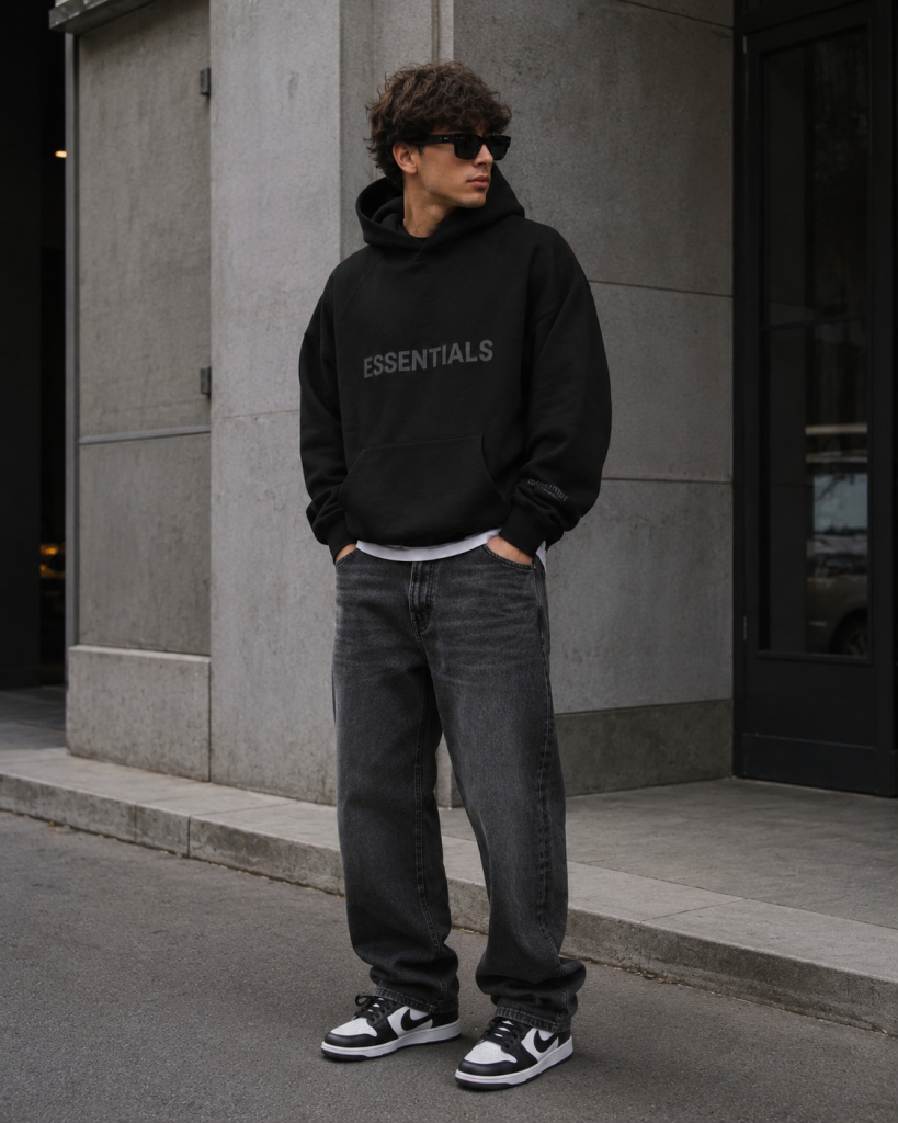 Outfit with black Essentials hoodie, jeans and sneakers