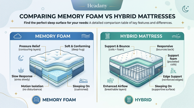 make a table comparing memory foam vs hybrid mattresses