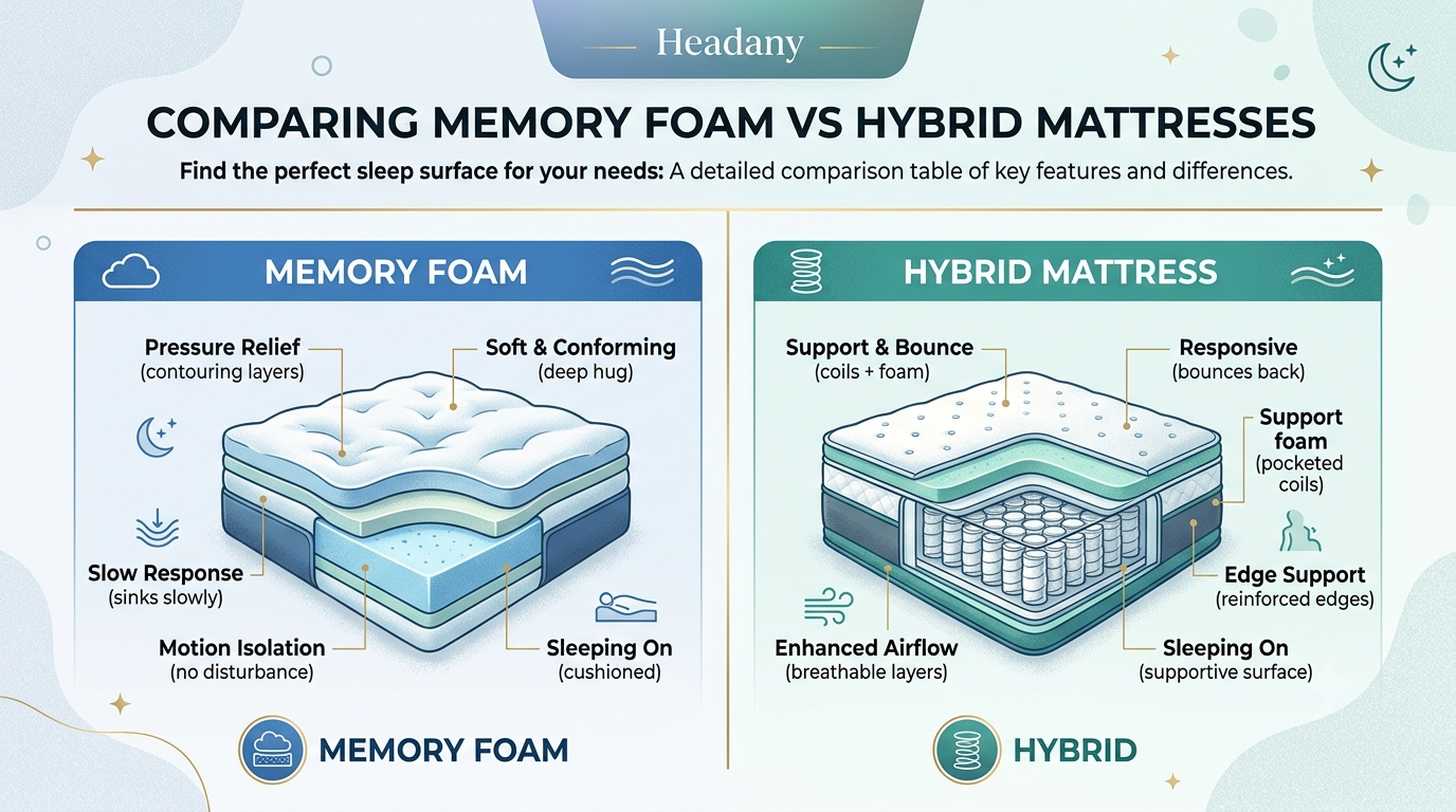 make a table comparing memory foam vs hybrid mattresses